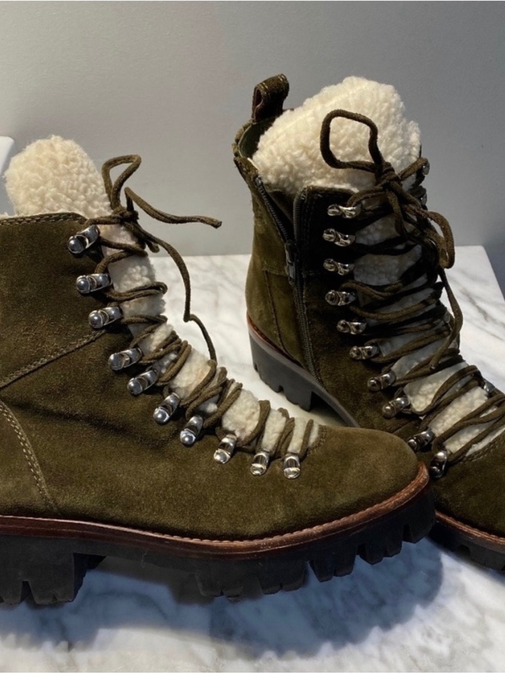 Jeffrey Campbell Olive Suede Sherpa Trim Lace-Up Boots